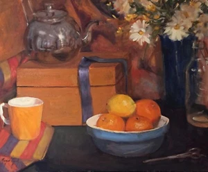 BLAUES BAND, GÄNSEBLÜMCHEN TEEKANNE Stillleben Ölgemälde von Margaret Aycock Oklahoma  - Bild 1 von 12