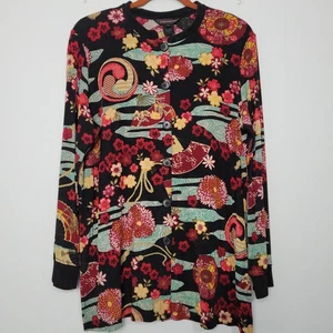 Vintage Francesca Rose bunte Slinky Strickjacke Gr. L schwarz Y2K asiatisch inspiriert USA - Bild 1 von 9
