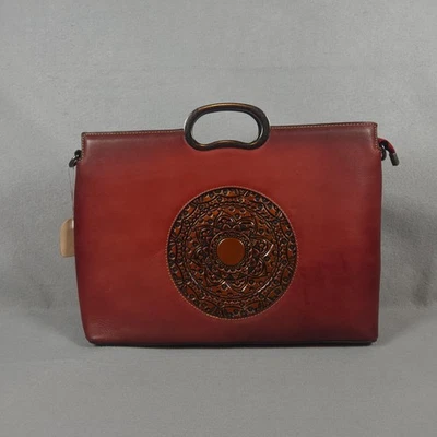 Bolso de Mano Rojo de Cuero Genuino para Mujer Mandala Repujado Asa Superior Cartera Bolso de Mano Foto 1 de 4