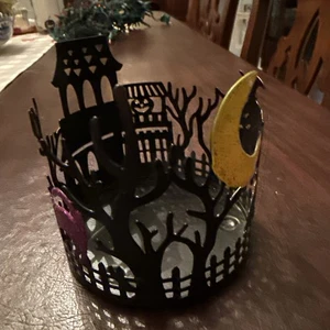 Sonoma Haunted House Metal Large Jar Candle Holder Halloween - Black Silhouette - Picture 1 of 8