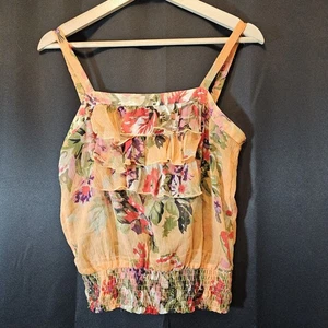 Blue Asphalt Womens Top Orange Sheer Floral Ruffle Smocking Cottagecore Boho - Picture 1 of 10