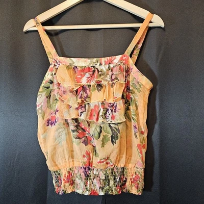 Top de mujer azul asfalto naranja transparente floral con volantes Smocking Cottagecore Boho Foto 1 de 4