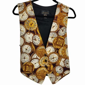 Express Men's Waistcoat Vest Gold Pocket Watch Print Vintage Style - Picture 1 of 7