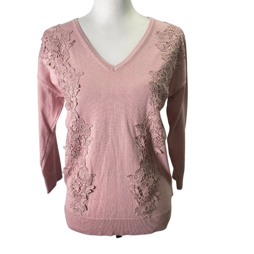Suéter Elle Mujer Pequeño Rosa Tejido Encaje Detalle Manga Larga Cuello en V Pullover Foto 1 de 4