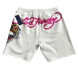 Ed Hardy Fleece Sweats Shorts Graphic Tiger Drawstring Cream Mens Size Medium - Picture 1 of 3