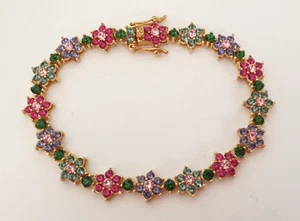 Joan Rivers Vintage Bracelet Multi Colour Crystal Flowers Gold Tone 1990's - Picture 1 of 3