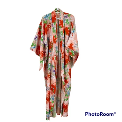 Auténtica Bata Vintage Rojo Rosa Japonés Kimono Floral Flores Cinturón Talla 56 Foto 1 de 4