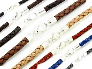 MENS LEATHER NECKLACE BRAIDED LEATHER-925 STERLING SILVER ENDS & CLASP - Picture 1 of 19