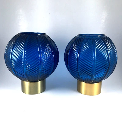 Vintage 2 Large Blue Palm Leaf Regency Style Glass Lantern Votive Holders 7" - Image 1 of 4