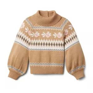 Janie And Jack CHOCOLATE MALT FAIR ISLE FLOWERS SWEATER Girls Sz 12  - Picture 1 of 7