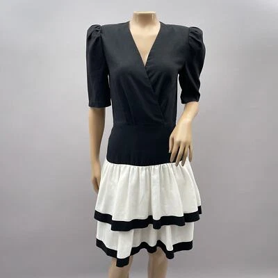 MELISSA Vtg 80s Dress Women 6 Black White Ruffle Tiered Drop Waist Party - Image 1 of 4