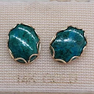 Earrings 14 Carat Gold Studs Oval Elat Stone Blue & Green Handmade - Picture 1 of 7