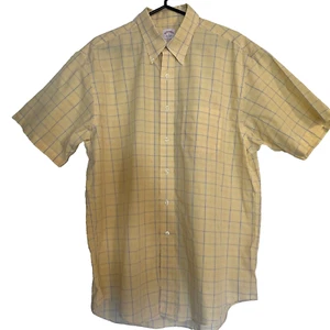 Brooks Brothers Men's Large Button Down Checked Yellow Short Sleeve Non-Iron L - Picture 1 of 9