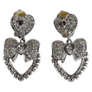 DOLCE & GABBANA Earrings Silver Heart Bow Rhinestones Dangle Clip-On RRP 500usd - Picture 1 of 5