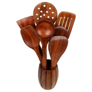 Wooden Spoon Set with Barrel Shaped Spoon Holder Set of 8 (7spoons+1 Stand) US - Picture 1 of 3