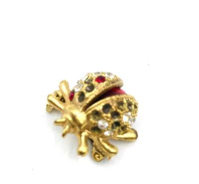 Vintage Lady Bug Pin Red Glass and Clear Rhinestones Brooch Pin Tiny - Image 1 of 4