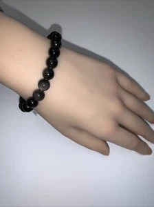 Bracciale Elastico Argento Naturale Ossidiana Lucente 8mm 7,5” Bellissimo Regalo - Foto 1 di 5