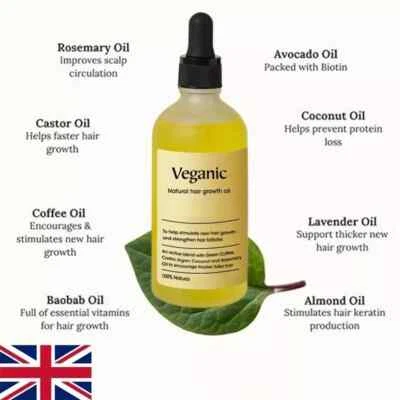Natural Hair Growth Oil, Veganic Natural Hair Growth Oil Hair Care 60ml UK