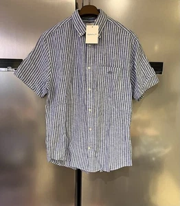 GANT Men's L Regular Fit Striped Cotton Linen Short Sleeve Shirt Rich Blue BNWT - Picture 1 of 17