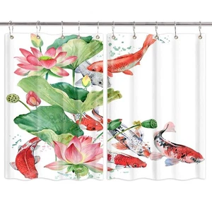 Lotus Flower Fish Japanese Kitchen Curtains Window Drapes 2 Panel Set with Hooks - Picture 1 of 10