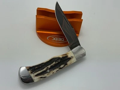 JEFF PEARCE CUSTOM BAKER FORGE COPPER MAI DAMASCUS STAG TRAPPER - Image 1 of 4