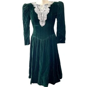 Gunne Sax Jessica McClintock Dress Green Velvet Puff Sleeves Lace Neck Sz XS VTG - Picture 1 of 16