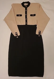 ST JOHN Marie Gray Women's Black & Tan Knit Dress w Shoulder Pads Size 8 - Picture 1 of 13