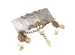 925 Sterling Silver Vintage Brooch Pin Handmake Dangling Pearls Peridot BP10584 - Picture 1 of 5