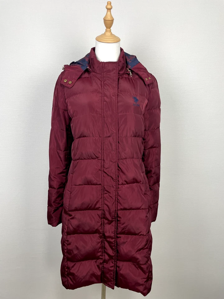 Abrigo Chaqueta Para Mujer U.S. Polo ASSN Borgoña Largo Puffer Cremallera Botón Con Capucha Talla 38 Foto 1 de 4