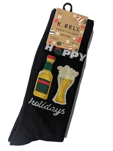 K. Bell ~ 1 par de calcetines para hombre "Felices Fiestas" cerveza ~ negro ~ 10-13 NAVIDAD - Imagen 1 de 2