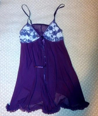 Camisón Babydoll Coquette Y2K Púrpura Floral Transparente Volantes Lencería 34-45" Busto Foto 1 de 4