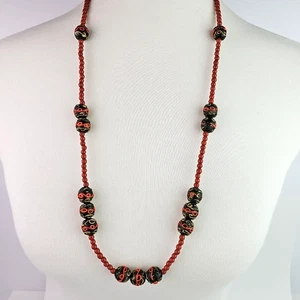 Tibetischer Achat Dzi Perlen Stil Halskette 29 Zoll Orange Gold Wirbel Design Glas - Bild 1 von 9