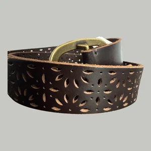 Lucky Brand Brown Leather Belt Bohemian Boho Chic Floral Perforated Cut-Out S - Picture 1 of 10