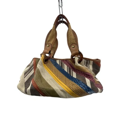 Cartera Bolso de Hombro Fossil Moderno Vintage Retazos Rayas Cuero Paja Foto 1 de 4