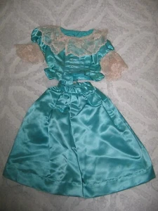 Vintage Victorian Doll 2 Piece Dress Full Length Skirt & Blouse Blue Satin- Lace - Picture 1 of 14