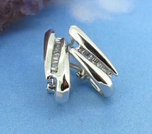 .23 ctw Diamonds Baguette Cut 14k White Gold Omega Back Huggie Earrings - Picture 1 of 5
