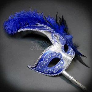 Handheld Stick Mask | Feather Masquerade Mask Blue Silver - Picture 1 of 5