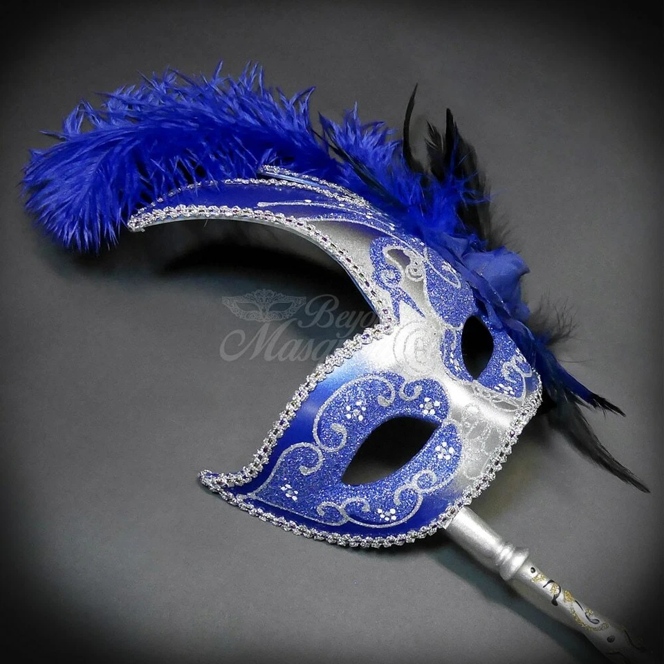 Handheld Stick Mask | Feather Masquerade Mask Blue Silver - Image 1 of 4