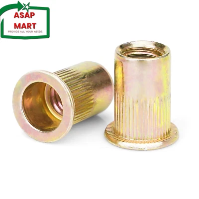 VMUTER 100Pcs 3/8"-16 UNC Rivet Nuts, Carbon Steel Flat Head Rivnut Threaded Insert Nut