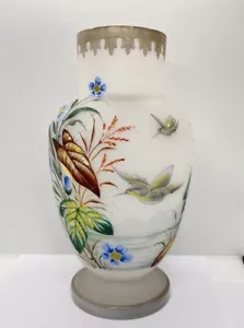 Antique Bristol Glass Victorian Botanical Water Birds Hand Painted Vase 12" Tall - Picture 1 of 7