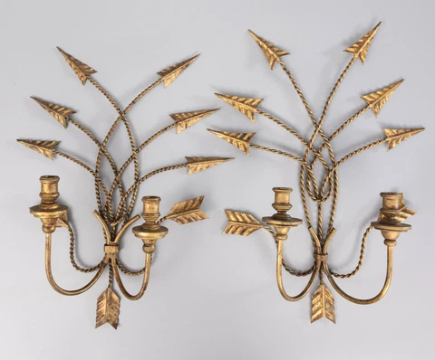 Pair of Vintage Mid Century Italian Gilt Tole Arrow Candle Wall Sconces Cover