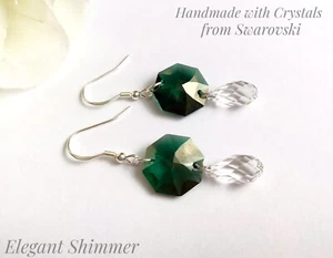 925 SILVER Earrings with Swarovski®️ 14mm Emerald Golden Teak & Clear Crystals - Picture 1 of 6