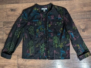ColdWater Creek Colorful Embroidered Black Denim Jacket Med Ruffle Collar NWOT - Picture 1 of 18