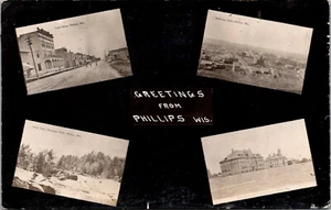 GREETINGS FROM PHILLIPS WISCONSIN MULTI VIEW OLD REAL PHOTO POSTCARD - Picture 1 of 2