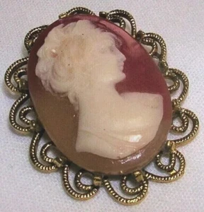 VINTAGE CAMEO BROOCH PIN OVAL GOLDTONE SCALLOP FRAME NICE PRE-OWNED - Picture 1 of 3