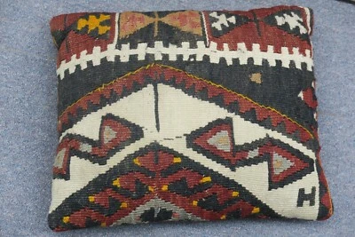 Vintage Rustic Turkish Anatolian Kilim Pillow Cushion Hand Woven Wool 14" x 17" - Image 1 of 2
