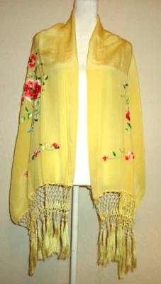 #C Bufanda amarilla vintage de los años 50-70 con flecos bordados florales talla 52x21 pulgadas Foto 1 de 4