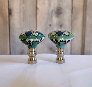 Set of 2 Gorgeous porcelain Lamp shade finials. Harp Toppers - Green Floral - Picture 1 of 3