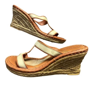 Born Drillers Brown Cream Leather Open Toe Espadrille Wedge Sandal Shoes Women 7 - Picture 1 of 17