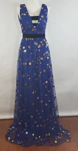 L’ATISTE by Amy Maxi Dress Blue Gown Dress Metallic Gold Polka Dot Small S - Picture 1 of 8